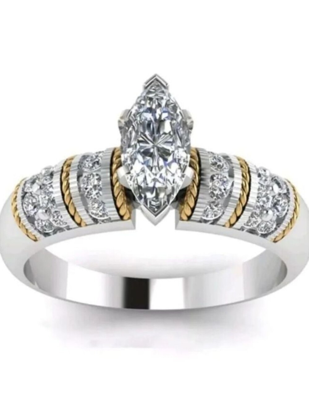 Vintage Sterling Silver + 14k Gold Accents Marquise/Round Cuts Diamond Ring Sz 8